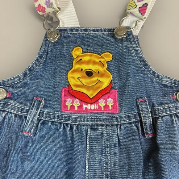 Vtg Y2K Disney Winnie The Pooh Baby Overalls Girls 6-9 Month Denim Jeans - Picture 2 of 5